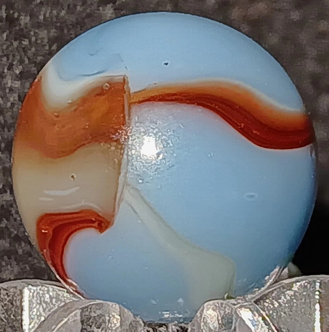 Vintage Peltier Glass NLR Hybrid Oxblood Marble. .60″ Mint. (HTF) UV Active