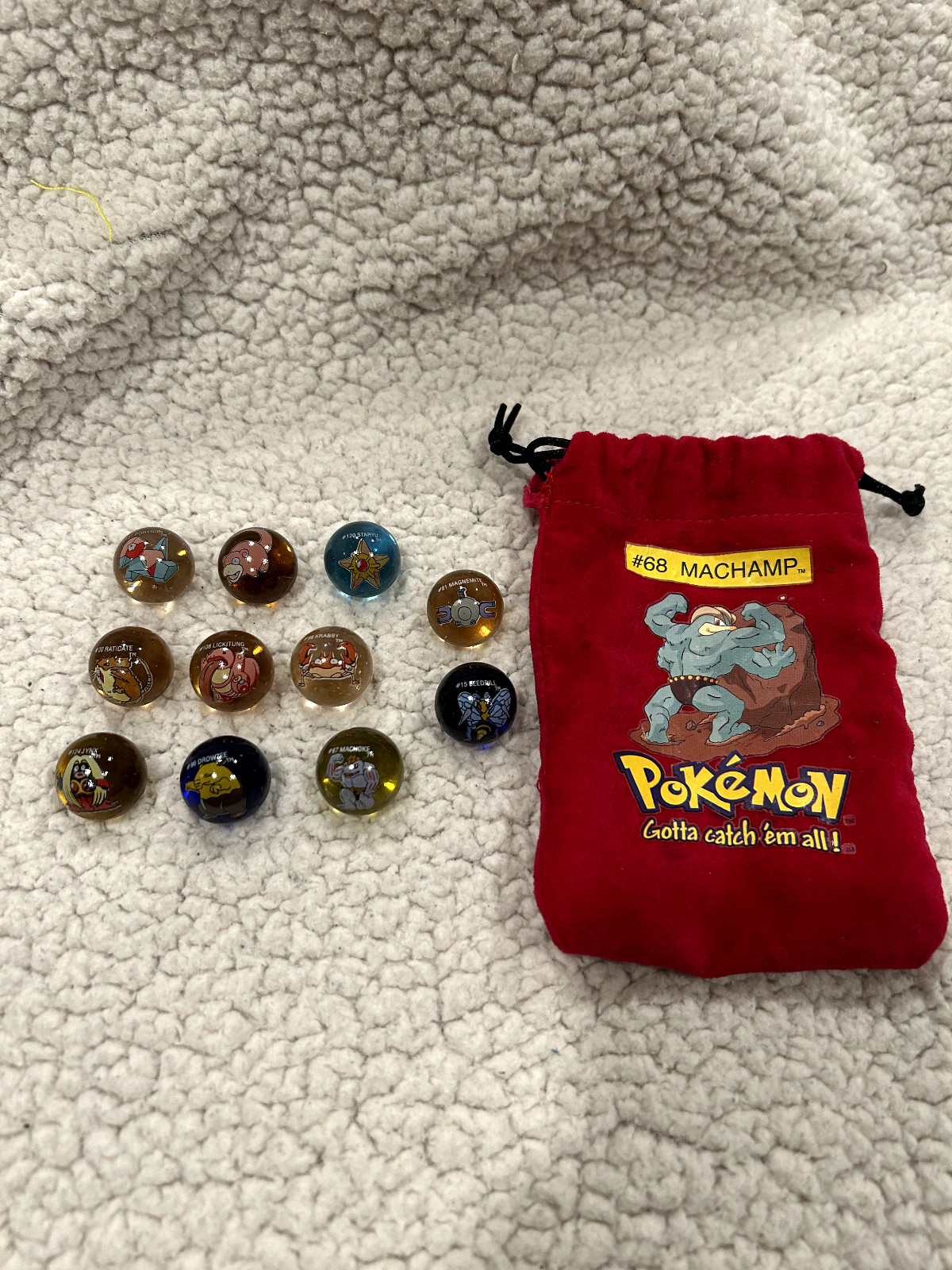 Vintage 1999 Pokémon Marble Lot – Red Machamp Bag (11 pcs) – Clear Glass