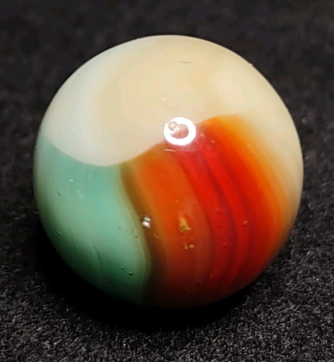 Aquamarine Blue & Red & Tan TRILITE Ribbon Swirl Glass Vitro Vintage Marble .63″