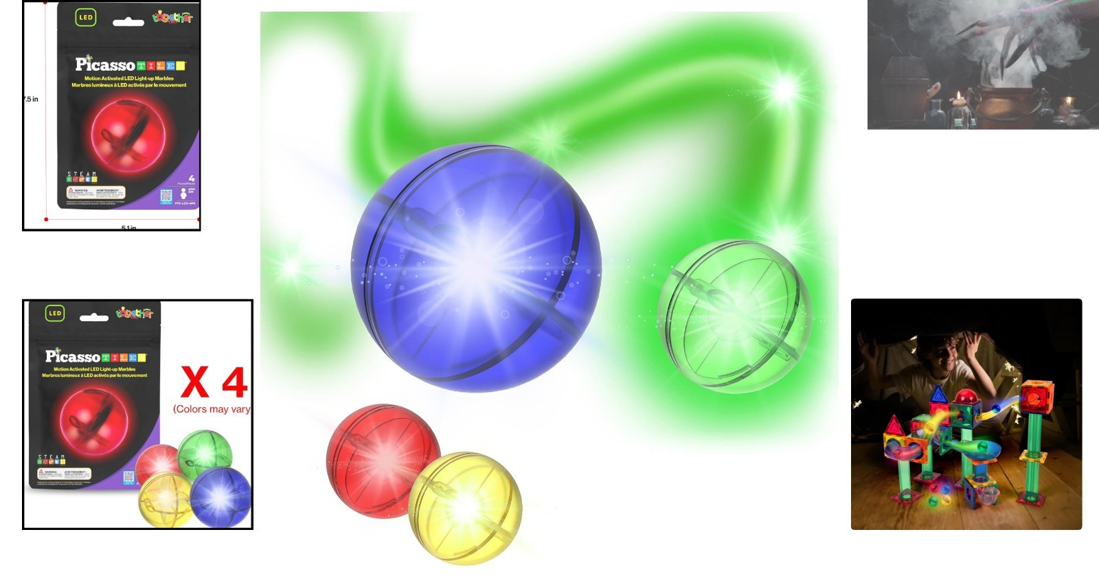 4pc Motion Activated LED Light-Up Glow in the Dark Marbles for Kids STEM Play
