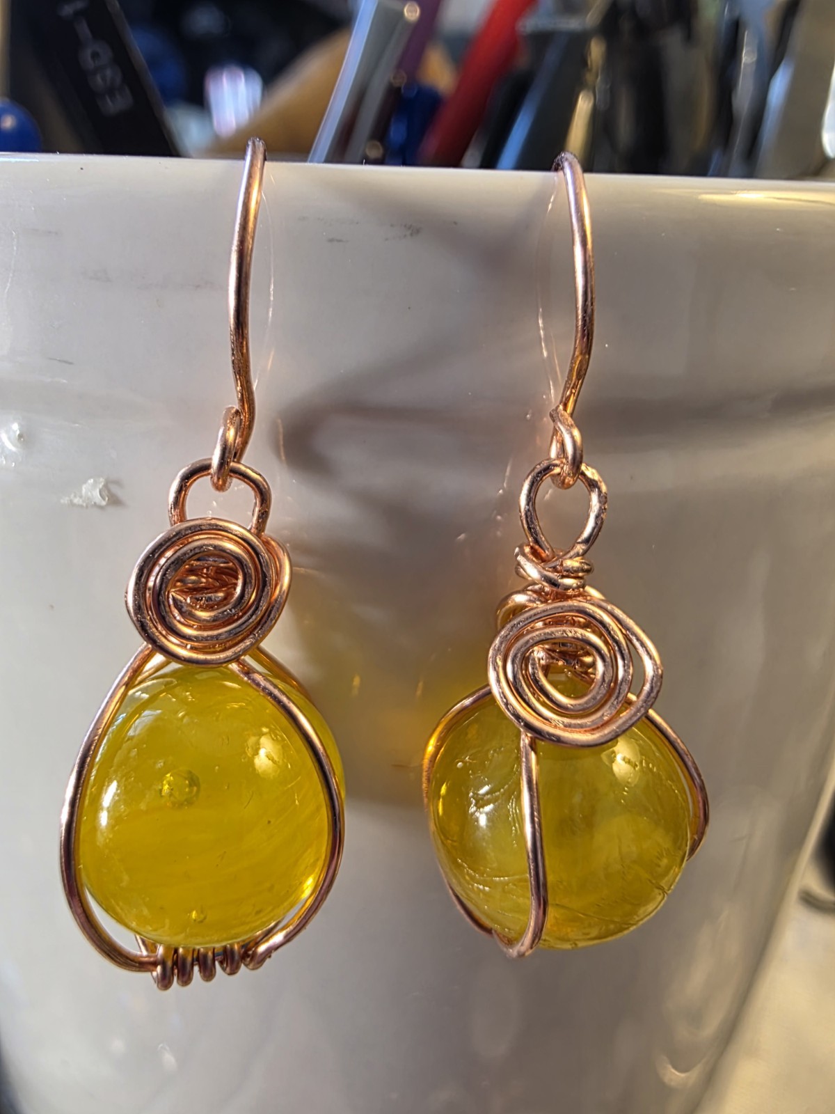 SCHOOLYARD YELLOW MARBLE Healing USA PURE COPPER Earrings Artisan Spirals, Hook