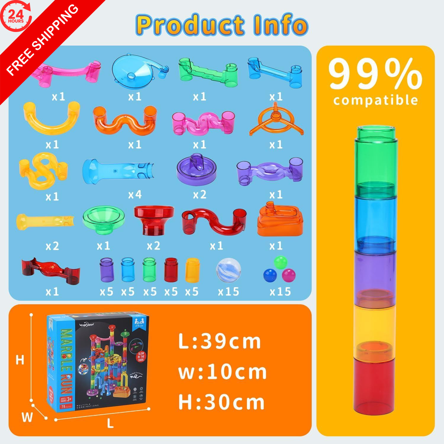 EagleStone 79PCS Transparent Glow Marble Run Construction Maze 79pcs
