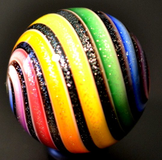 HOT HOUSE GLASS MARBLE/1.480″-RAINBOW & BLACK DICHROIC-YELLOW,LIME,BLUE,RED+