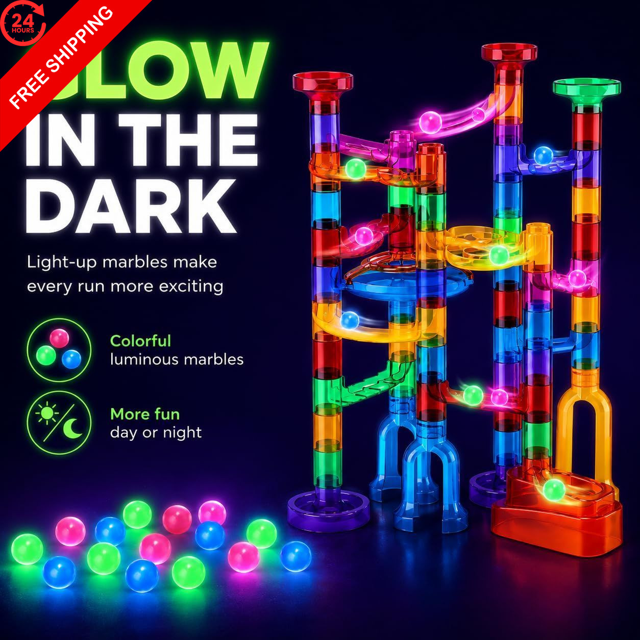 EagleStone 79PCS Transparent Glow Marble Run Construction Maze 79pcs