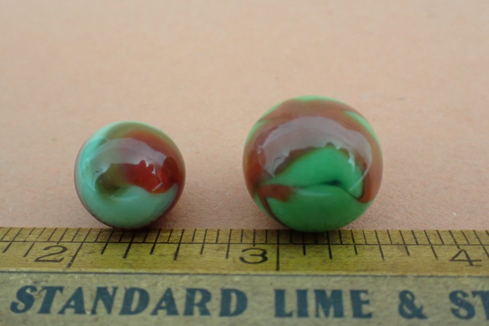 Pair Vintage Akro Corkscrew CAC or Alley Swirl Lime Green & Oxblood Red #13