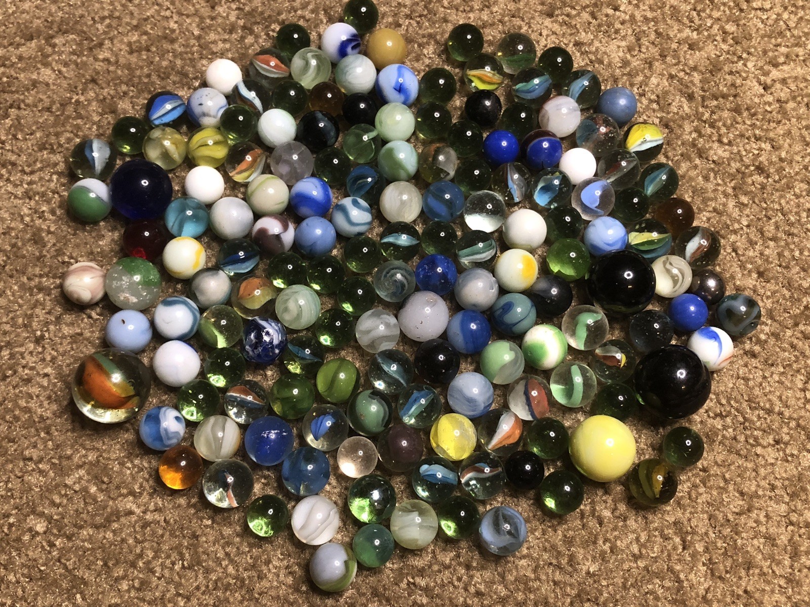 157 Vintage Marbles Some Are UV Glow, Cats Eye Shooter, Blue White Swirl Green