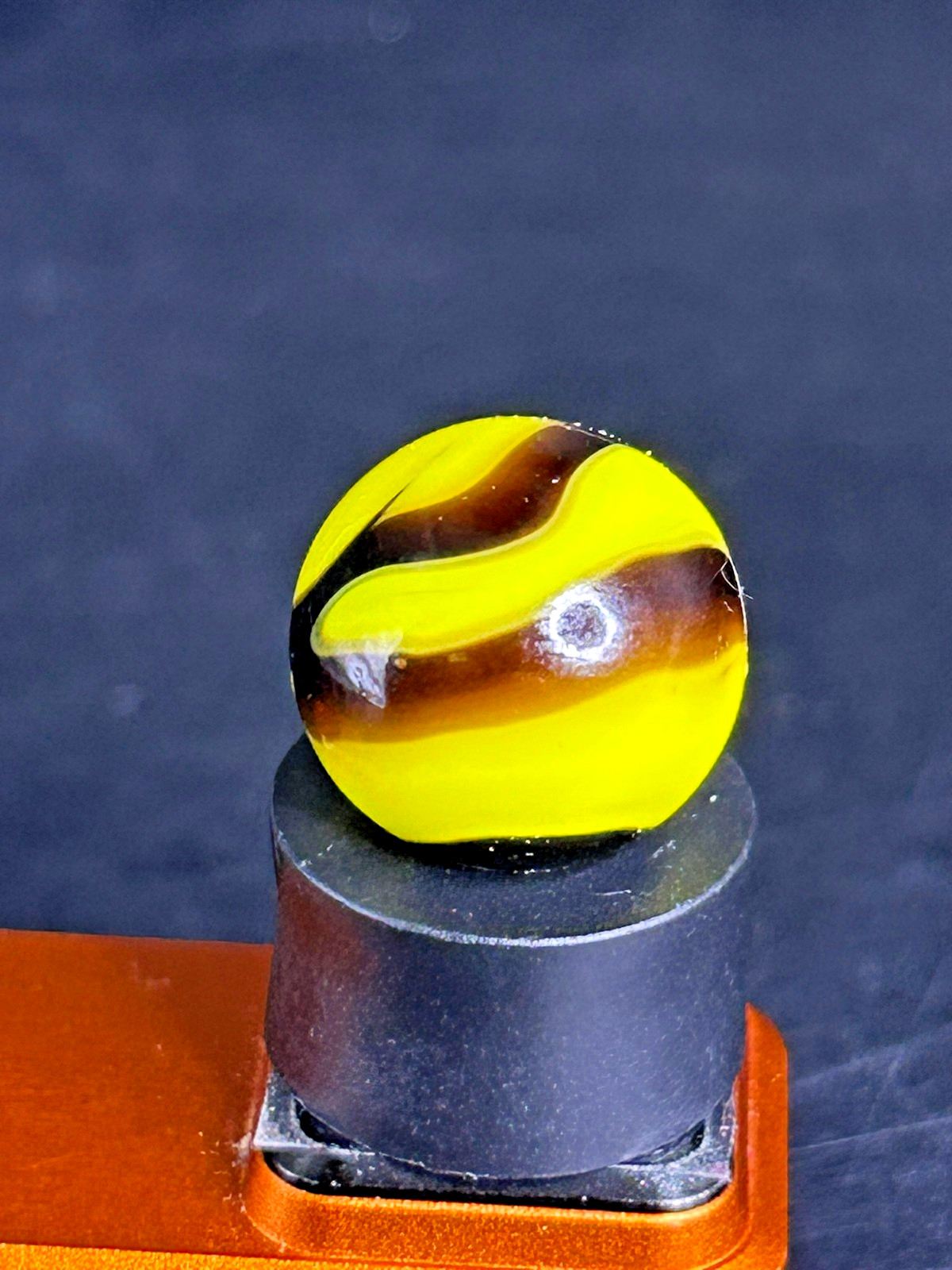 Christensen Agate Co. Swirl Yellow & Black UV+ Marble .63″ Mint CAC15