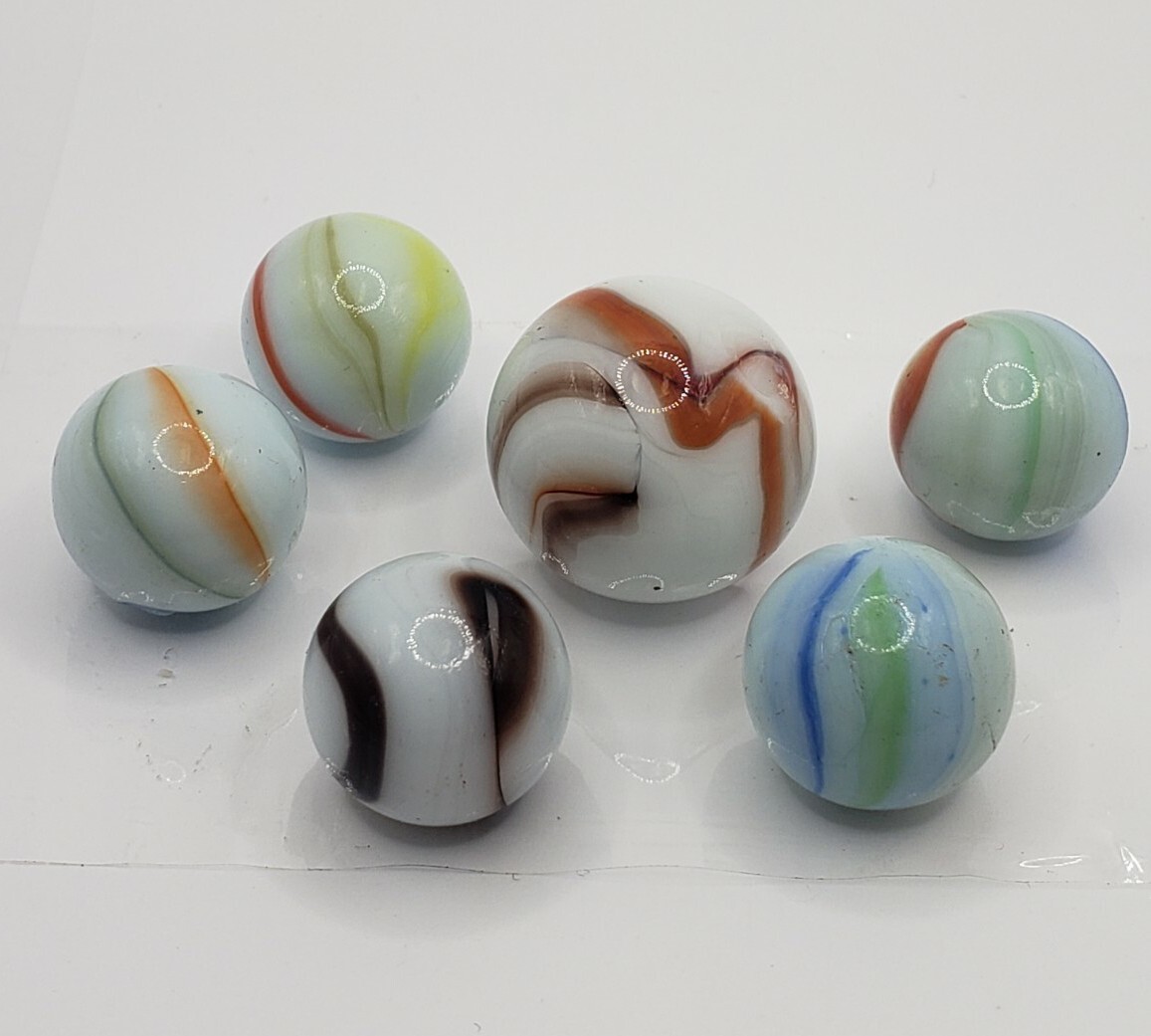 Vintage Unique Tricolor Swirl Shooter Set Marbles Lot of 6 Red Brown Orange Blue