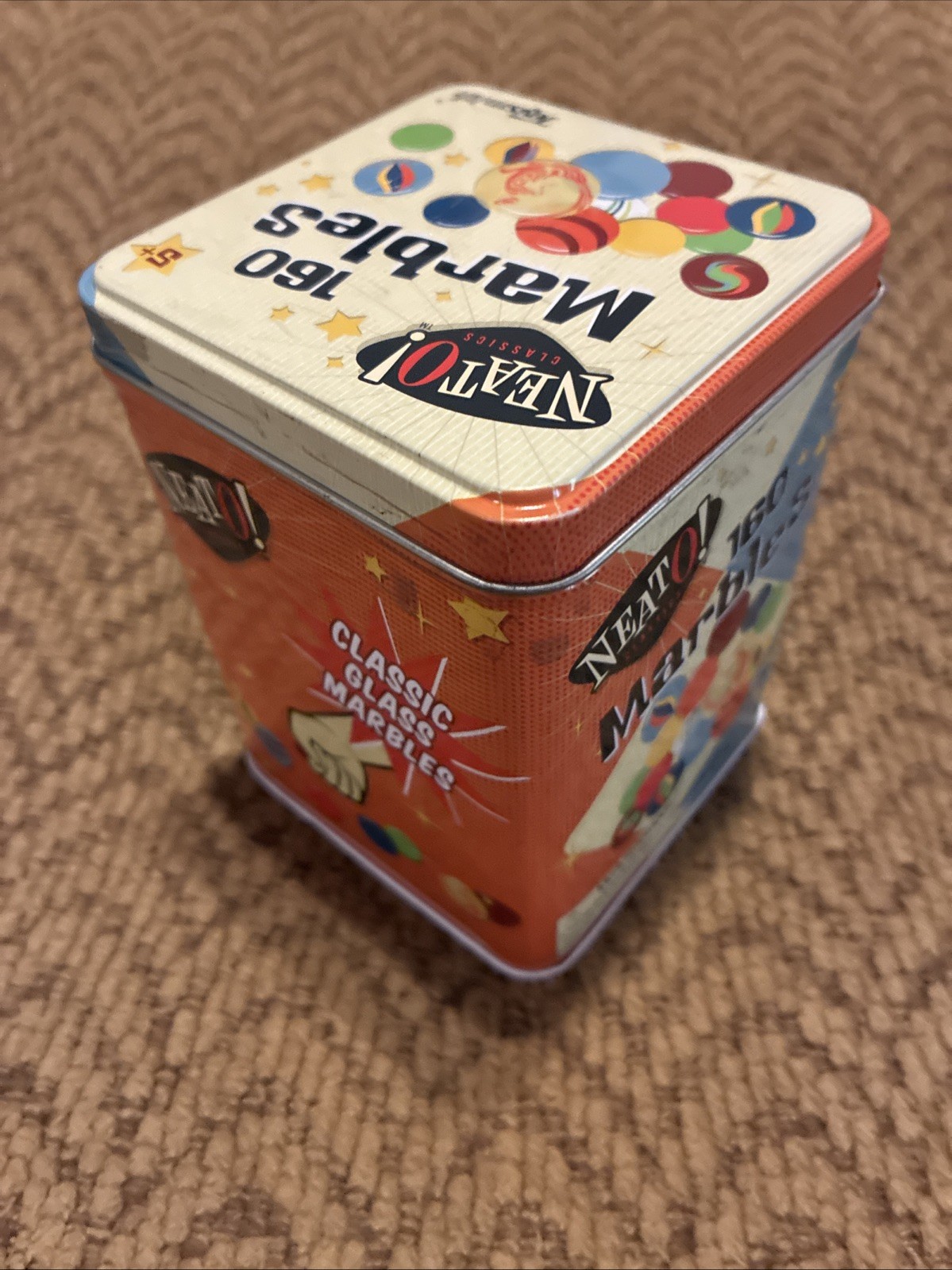 Toysmith Neato! Classics Machine Made 160 Mixed Color Marbles Tin Set. Open Box