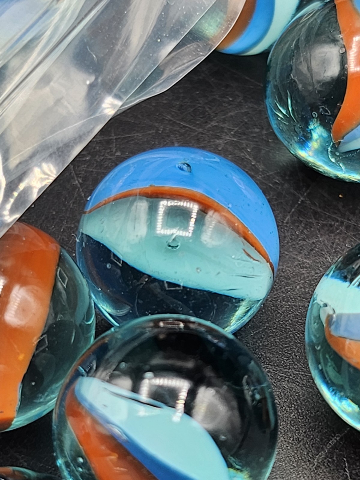 Vintage Set Of 36 Cat’s Eyes 3 Color Ribbon Swirl Blue Shooter Marbles