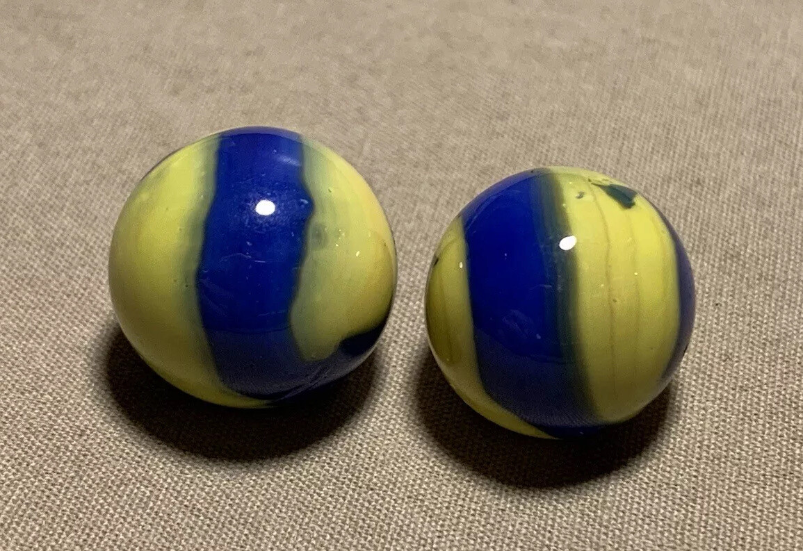2 Vtg Marble King Cub Scout Blue & Yellow Rainbow Blended Glass Marbles 0.662”