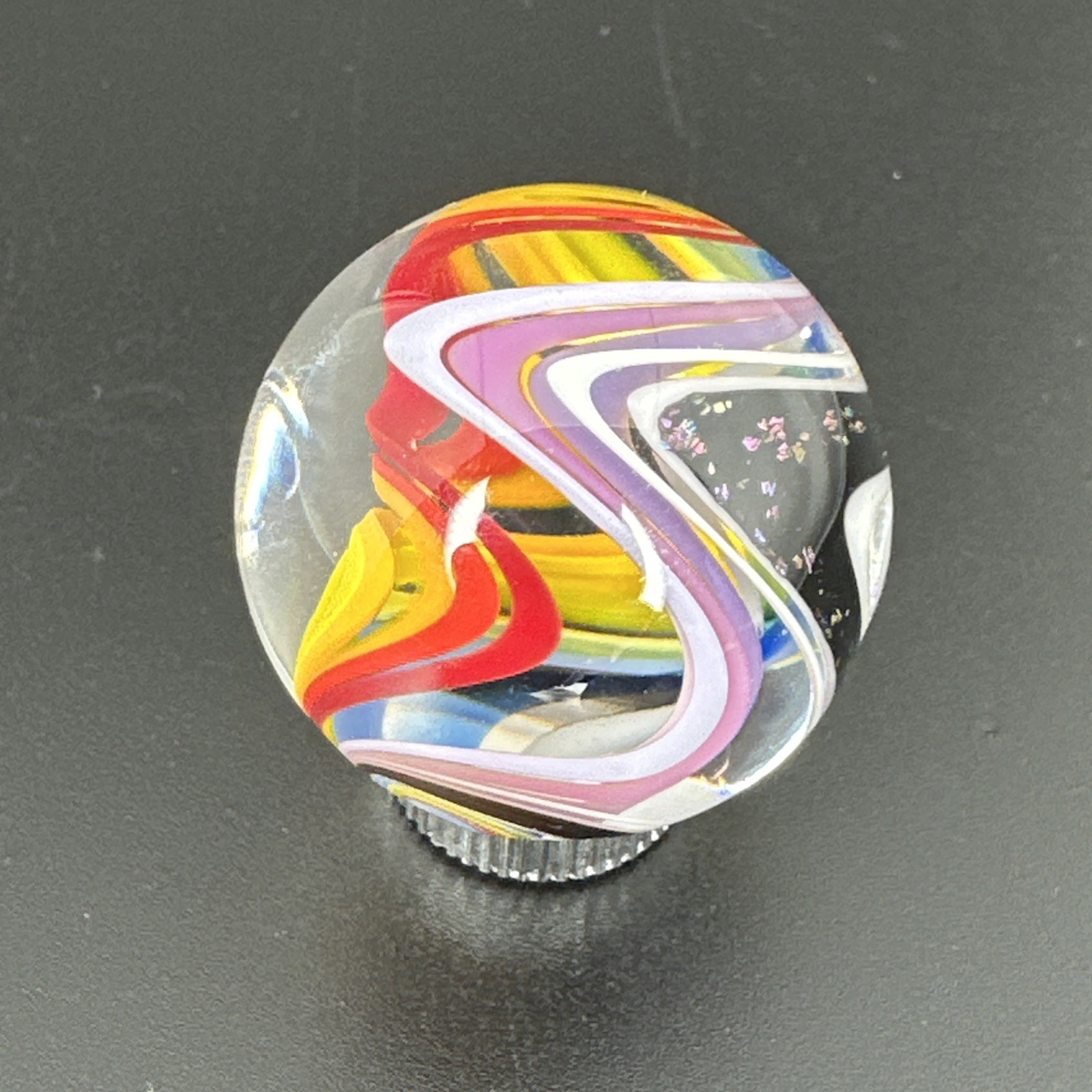 Contemporary Handmade Art Glass Marble 1.16″ Bright Multicolor Swirl, Black, MIB