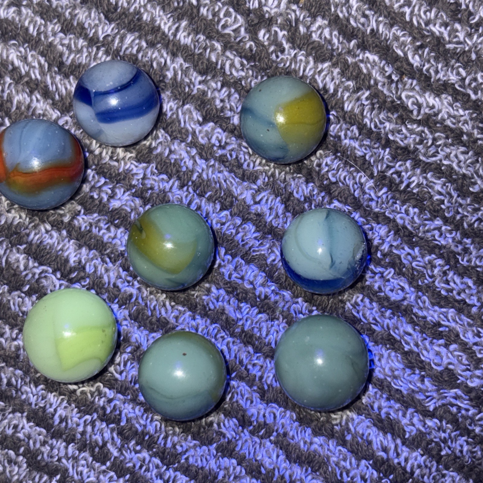 Kokomo marble lot shooters,UV,Opalescent variety Ribbons .58 to .84