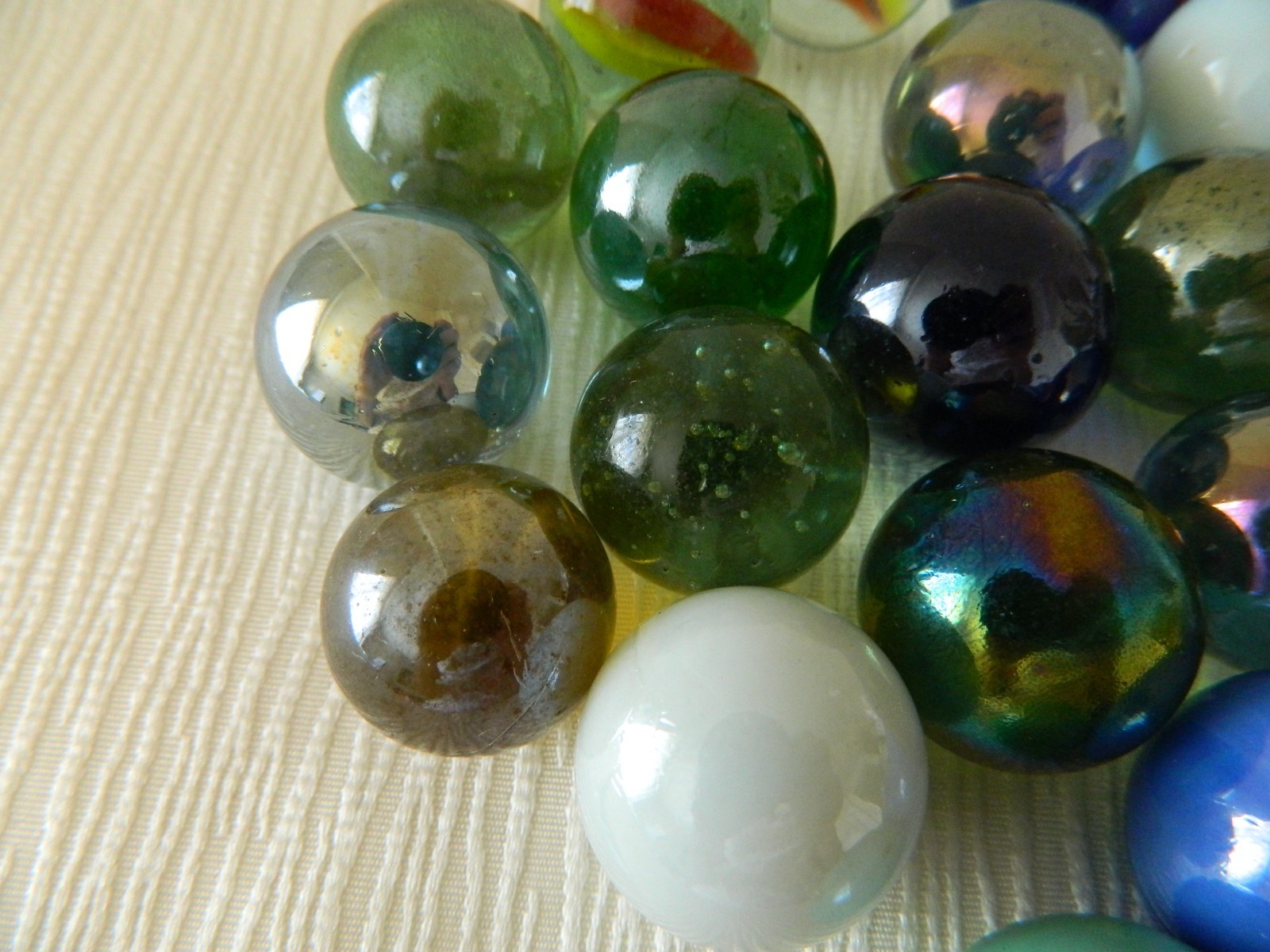 GLASS MARBLES Blue White Green Orange Bubbles Luster Opaque Medium Large Toy Lot