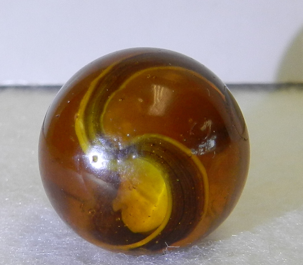 #18549m Large .77 Inches Vintage German Handmade Amber Glass Ribbon Lutz Marble