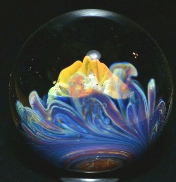 ETHAN LESCH GLASS MARBLE/1.512″-MANGO THISTLE/LAVENDER FLOWER-MANGO,BURNT ORANGE