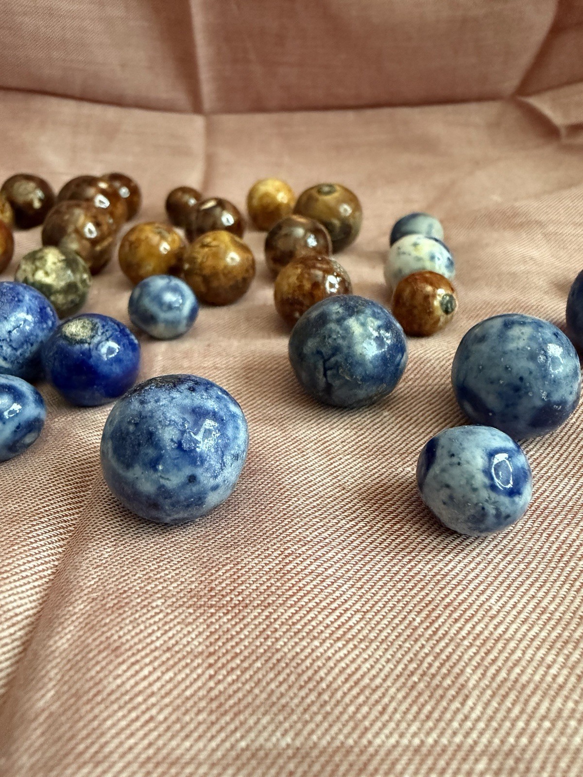 Bennington Marbles 33 Piece Lot Blue Brown Fancy Salt Glazed Clay