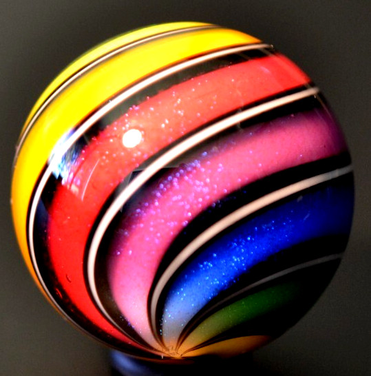 HOT HOUSE GLASS MARBLE/1.483″-CLASSIC BEACHBALL HUGE BOULDER-TANGERINE,LAVENDER+