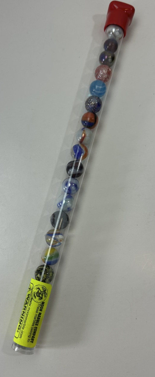 Moon Marble Company Tube of 20 Multicolored Marbles Lot Different Sizes