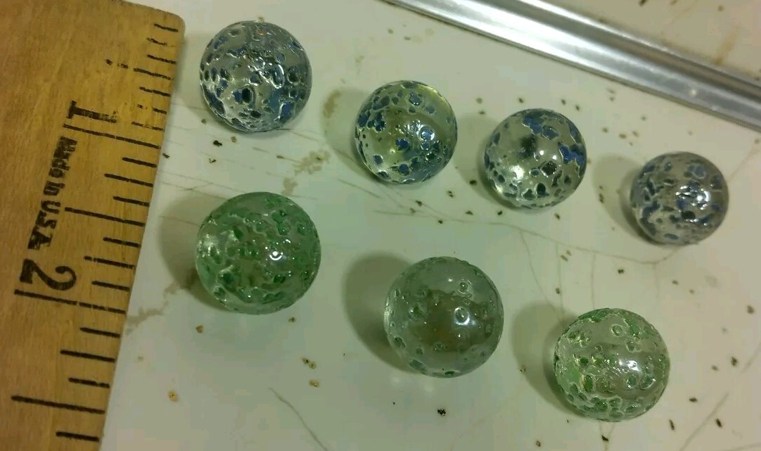 7 Vintage Small Blue & Green Speckled Glass Marbles Lot 4 Blues / 3 Greens