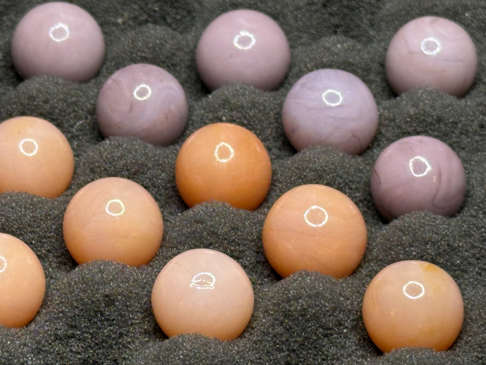 (18) Small Vintage Lavender Purple & Peach Cream Solid Playing Marbles Lot