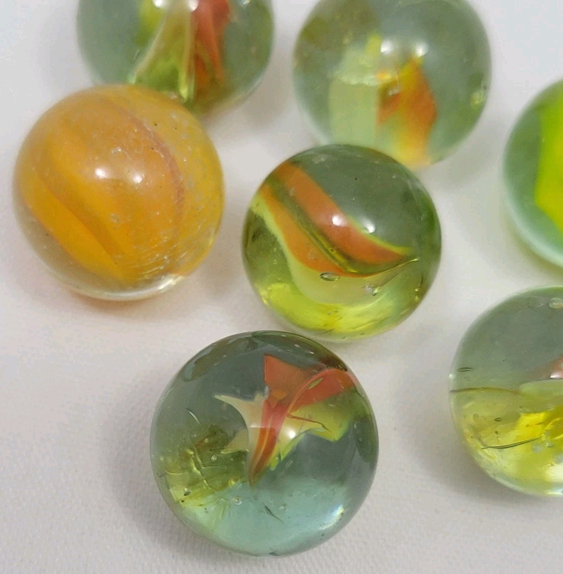 Vintage Cat Eye 6 Vein Yellow And Orange Marbles Mixed 5/8 Diam. Lot 6