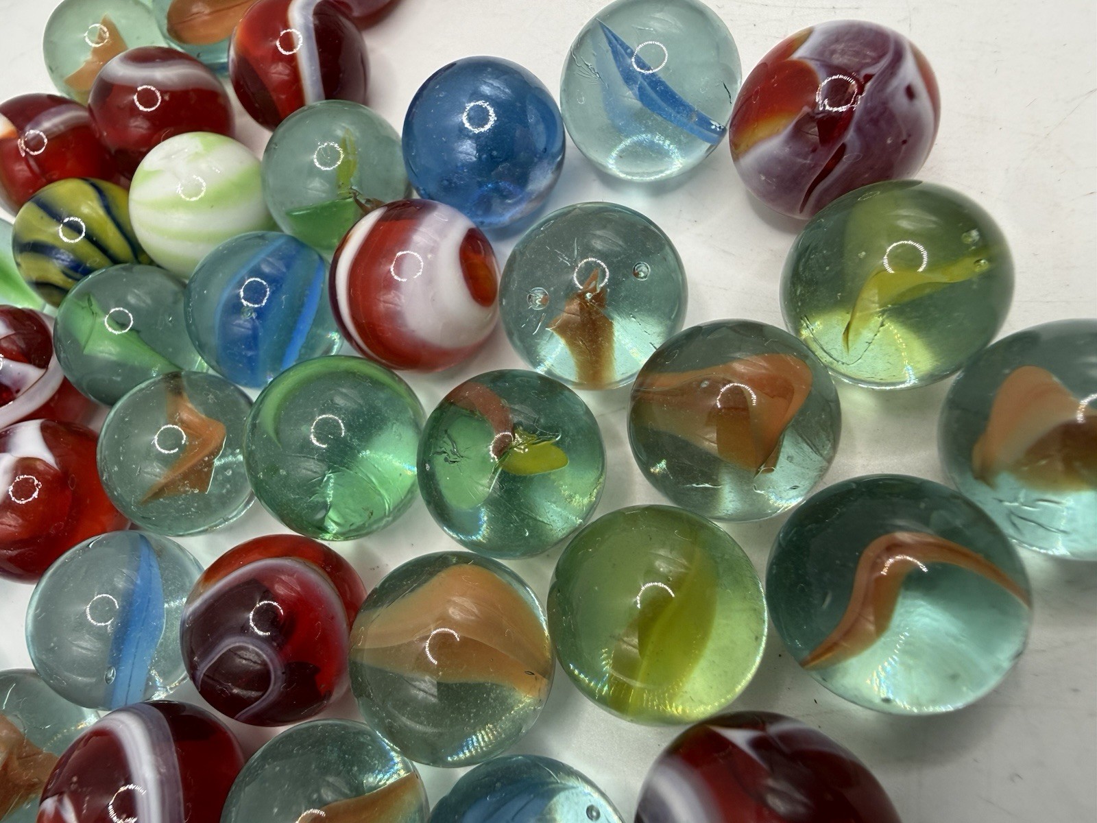 Assorted Vintage Marbles in Small Glass Mason Jar, Asst 50 As Seen Pics