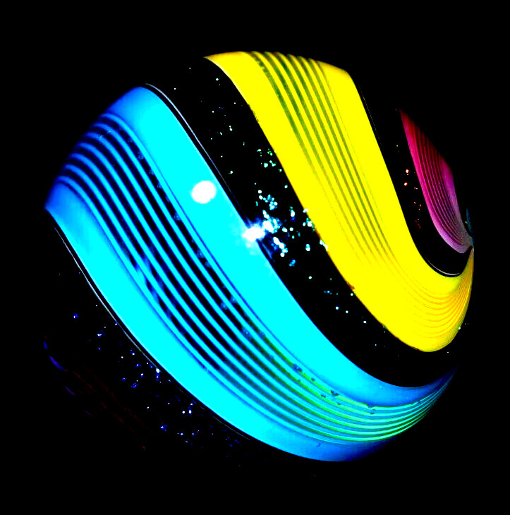 HOT HOUSE GLASS MARBLE/1.475″-TRIPLE BANDED FINE LINER-TURQ,SUNFLOWER,TOMAT0&DIC
