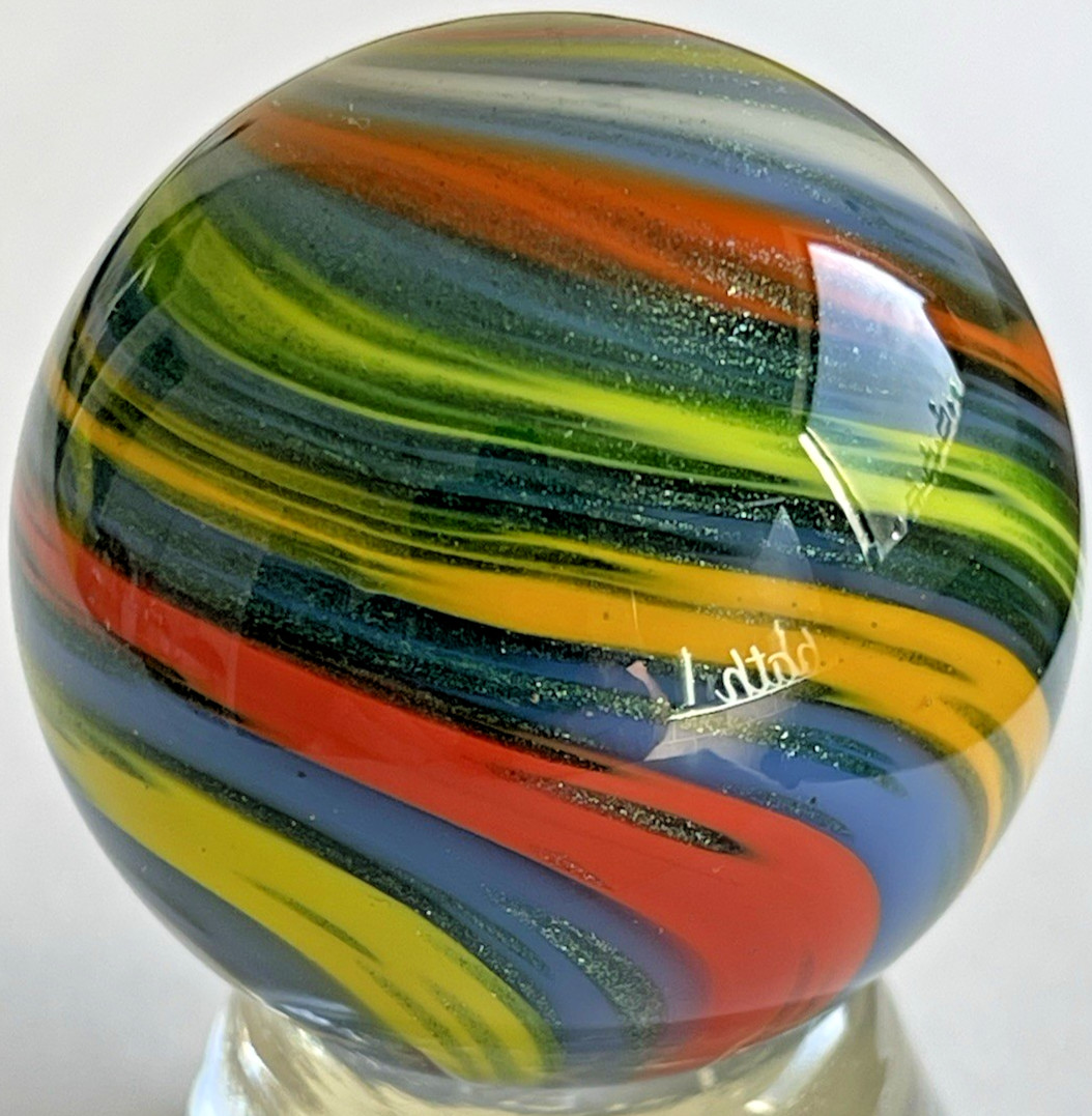 2015 RICK DAVIS MARBLE SIGNED HANDMADE GLASS 1.50 CRAYOLA CRAYON SWIRL SPARKLE