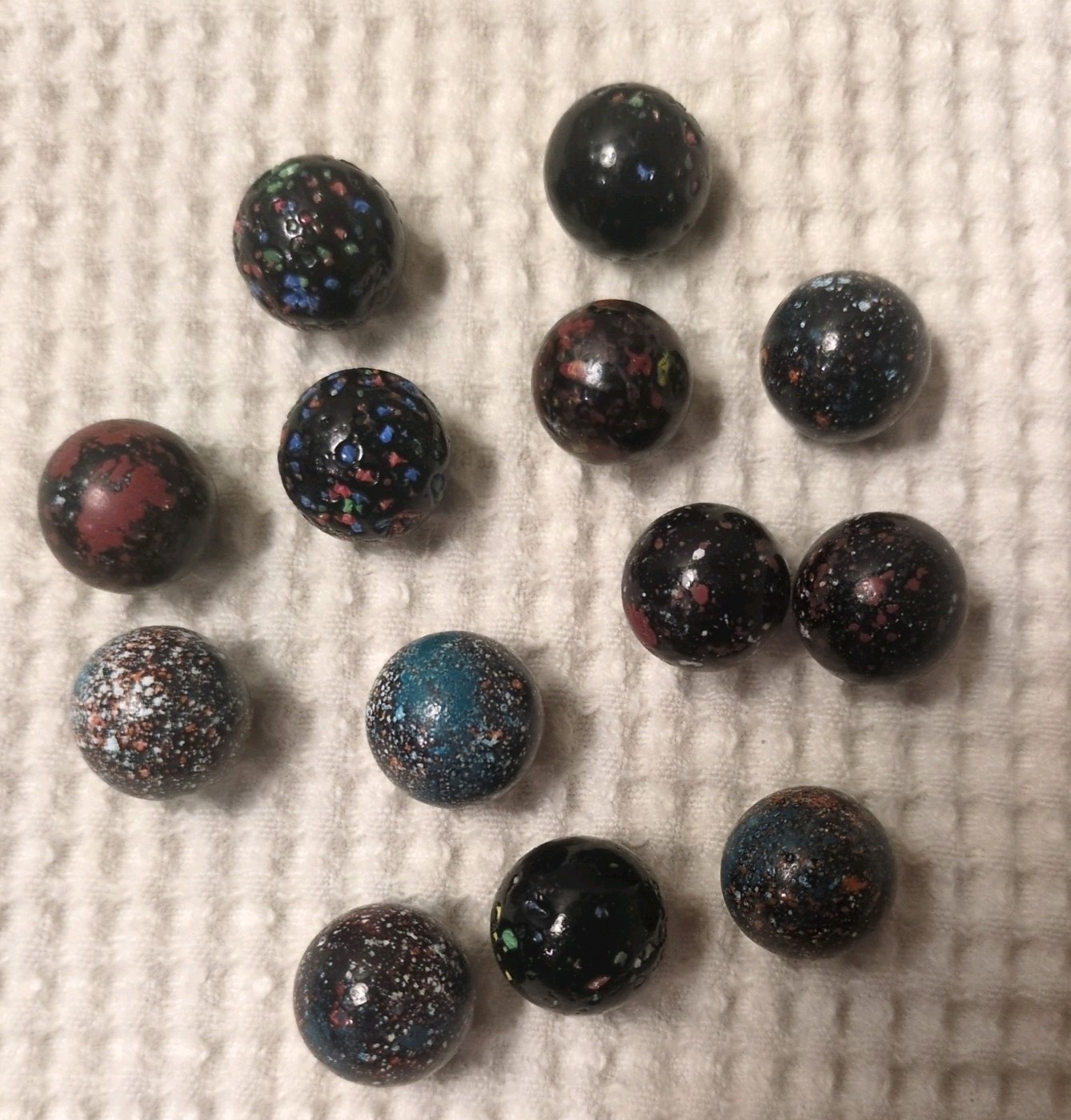 14 Vintage Vacor Galaxy Confetti Speckled Glass Marbles Multicolor Black Base
