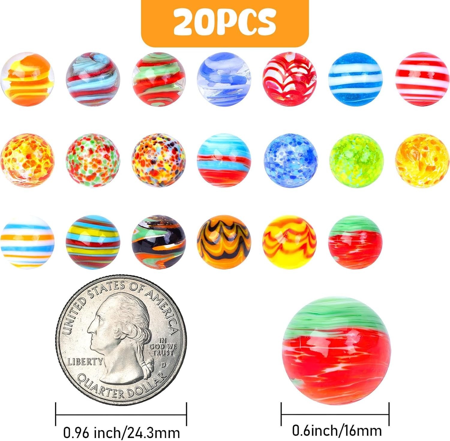 20PCS Handmade Glass Marbles Colorful Round Marbles 16Mm/0.6Inch Unique Marbles
