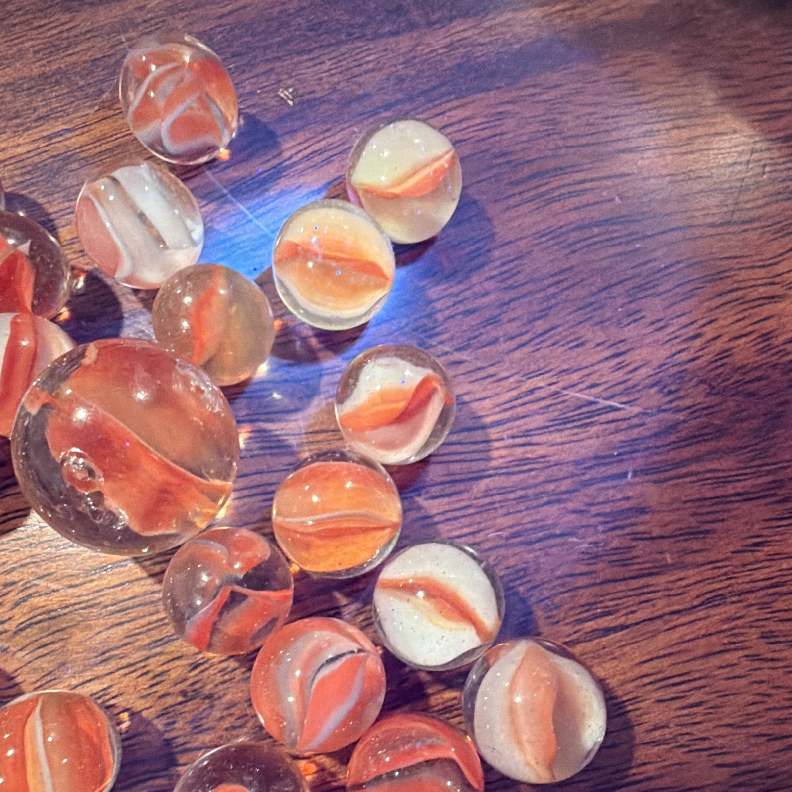 Glass Toy Marbles Lot Orange & White Swirl w/ 1 Large Shooter, Machine Made