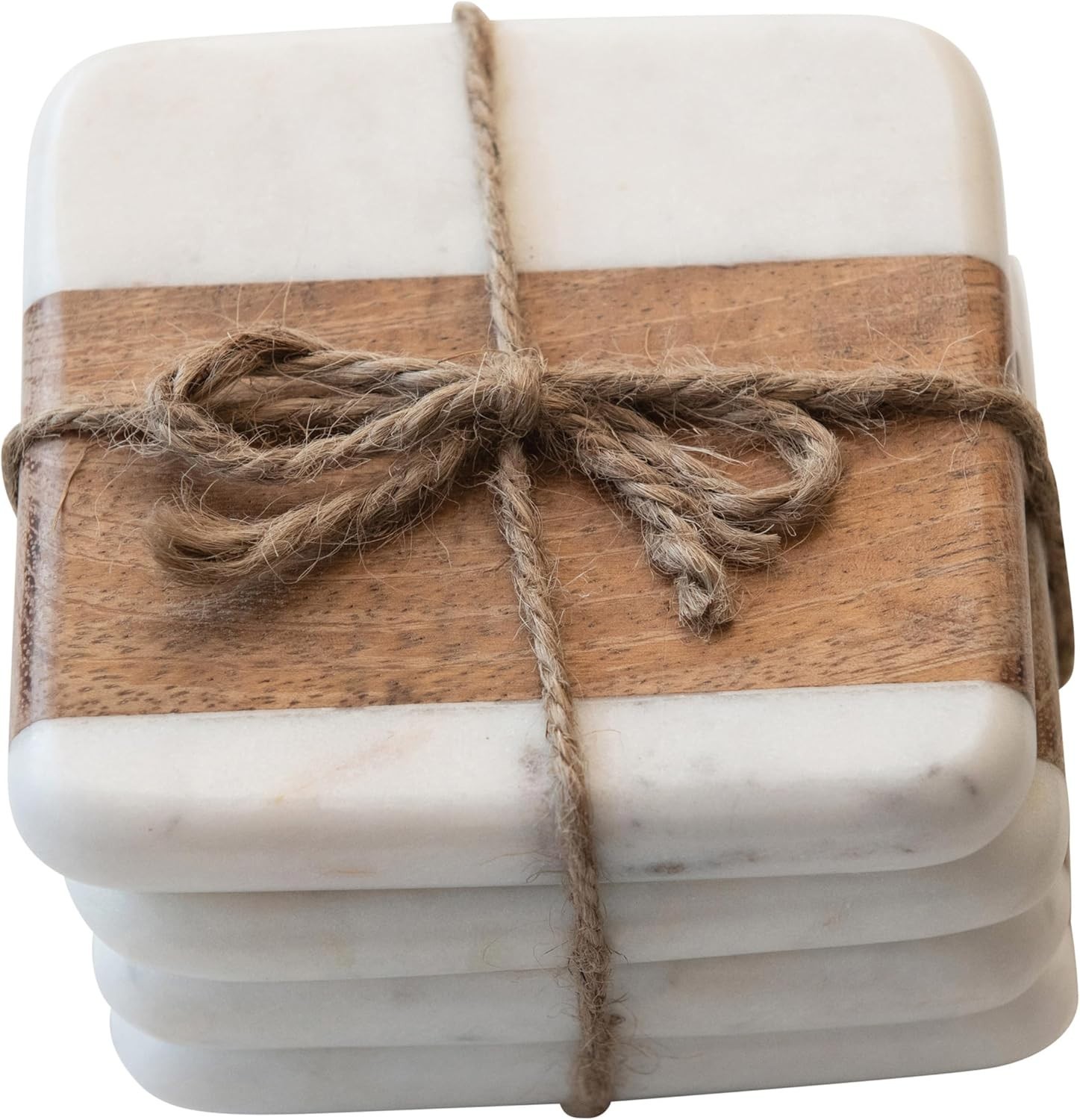 Marble & Acacia Wood, White & Natural, Set of 4 Coaster, 4″