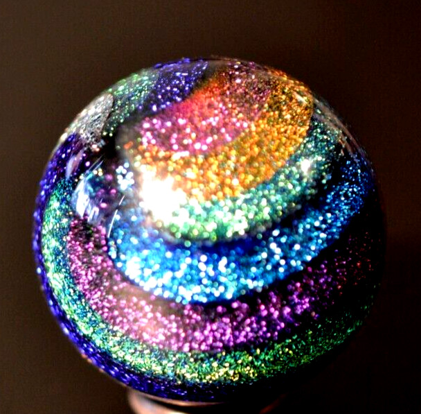 JAMES ALLOWAY GLASS MARBLE/1.358″-DICHROIC RAINBOW STARDUST #639-VIOLET,FOREST +