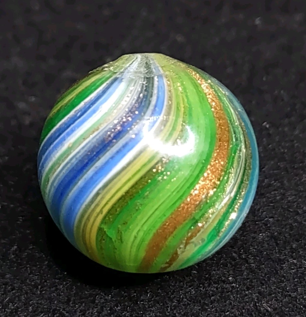 HTF ✨ .65″ GOLD LUTZ Onionskin Swirl Handmade Antique Glass Toy German Marble
