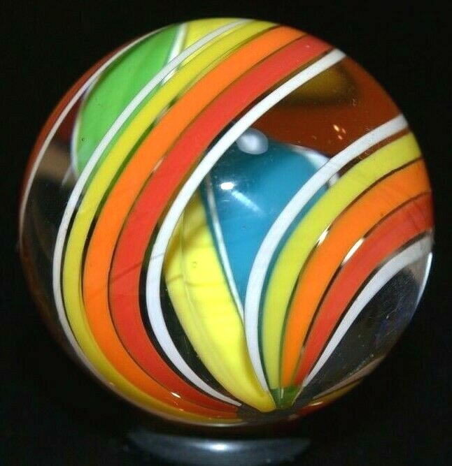 JODY FINE GLASS MARBLE/1.343″-CITRUS 3 FIN SWIRL-TURQUOISE,YELLOW,LIME,ORANGE+