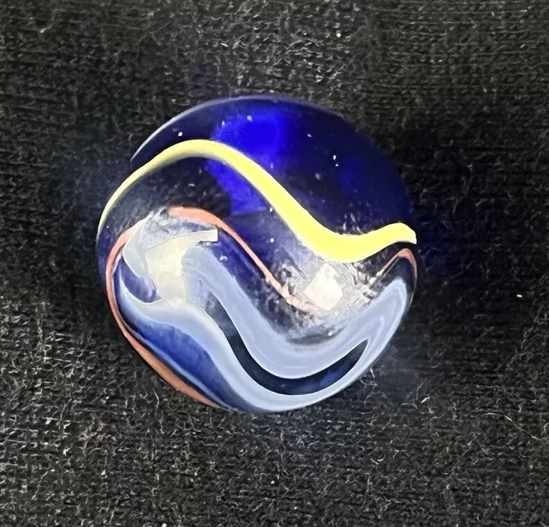 Vintage Akro Agate Peltier Art Swirl Glass Marble .65” White Blue Yellow Pink