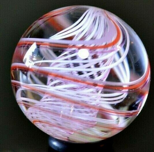 JODY FINE GLASS MARBLE/1.329″-WHITE & TRANS.PINK LATTICINIO TORNADO PEPPERMINT-