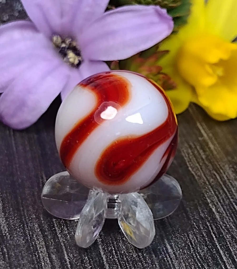 UNIQUE Blood Red Turkey Swirl BEAUTIFUL Vintage MARBLE Glass Toy .61″ READ