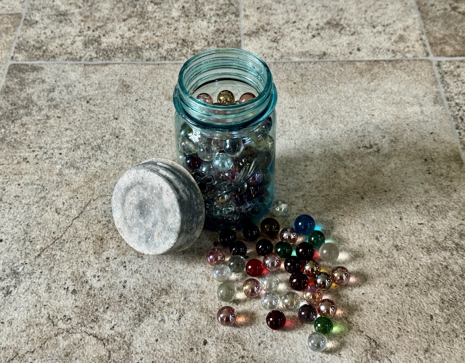 Vintage Ball Perfect Mason Jar Filled with 165+ Mixed Glass Marbles – Aqua Blue