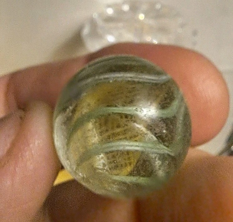 Antique Handmade German Marble – Green Swirl Latticinio Yellow Core