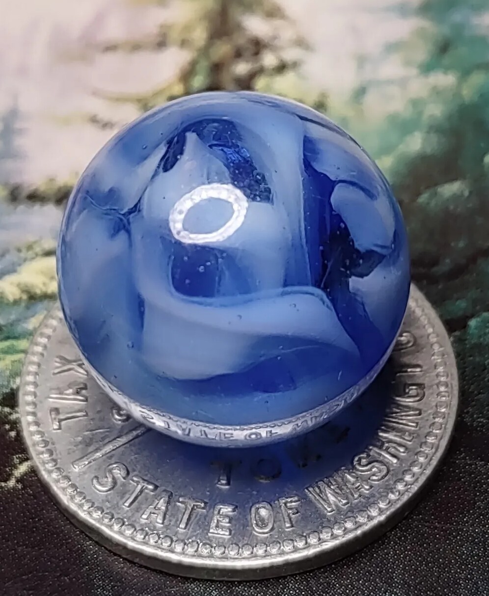 Transparent Blue & White Wire Pull SWIRL Alley Agate Glass Vintage Marbles .67″