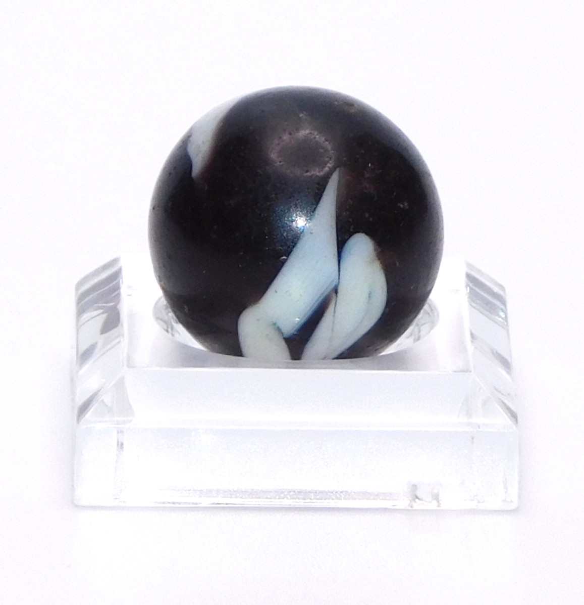 Vintage Glass Marble Near Opaque Black White Corkscrew? UV Reactive 0.59″ #U-15