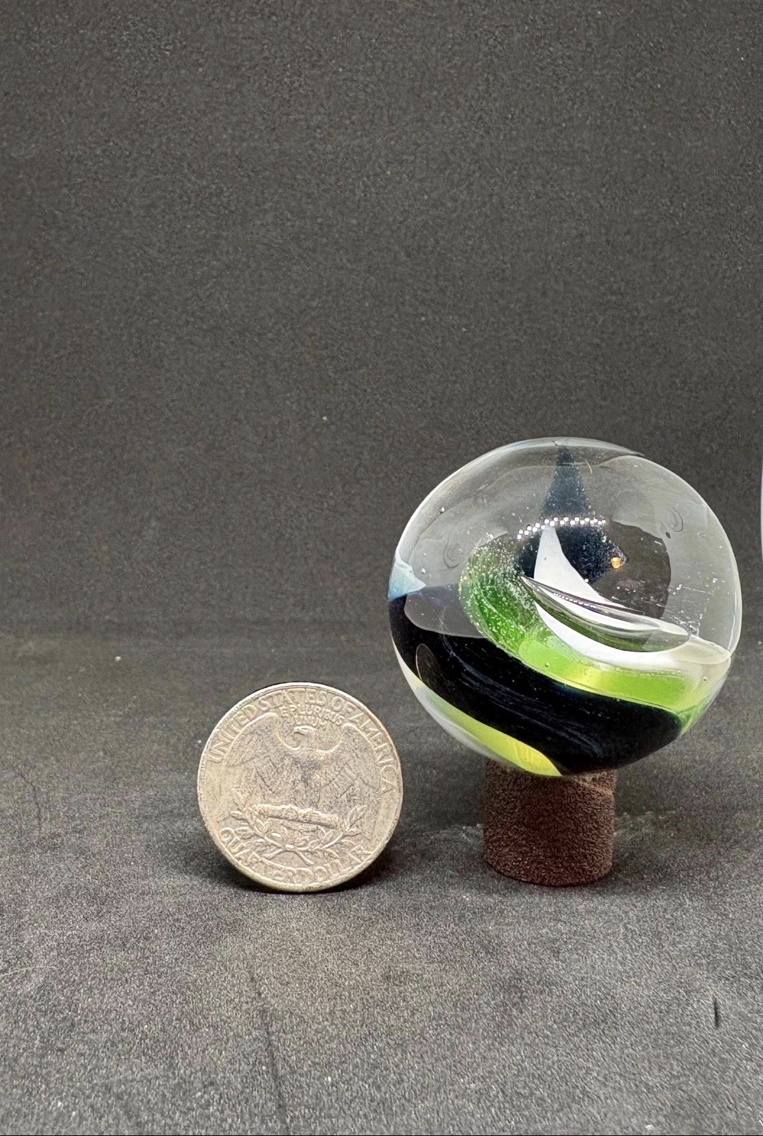 Hand Blown Glass Marble Large (Uranium/Dark Blue/White Swirl)