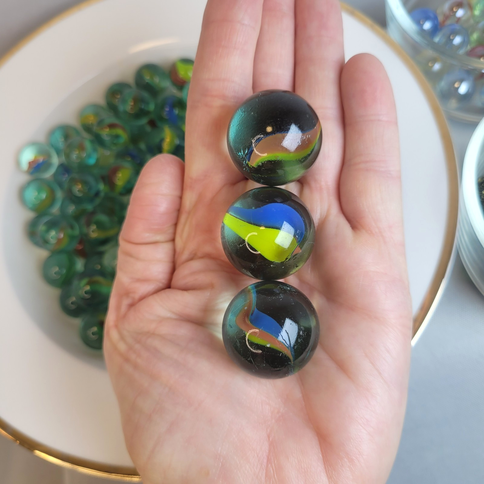 LOT of Old Vintage Glass Marbles Tri Color, Speckled Translucent, Cat Eye Swirl