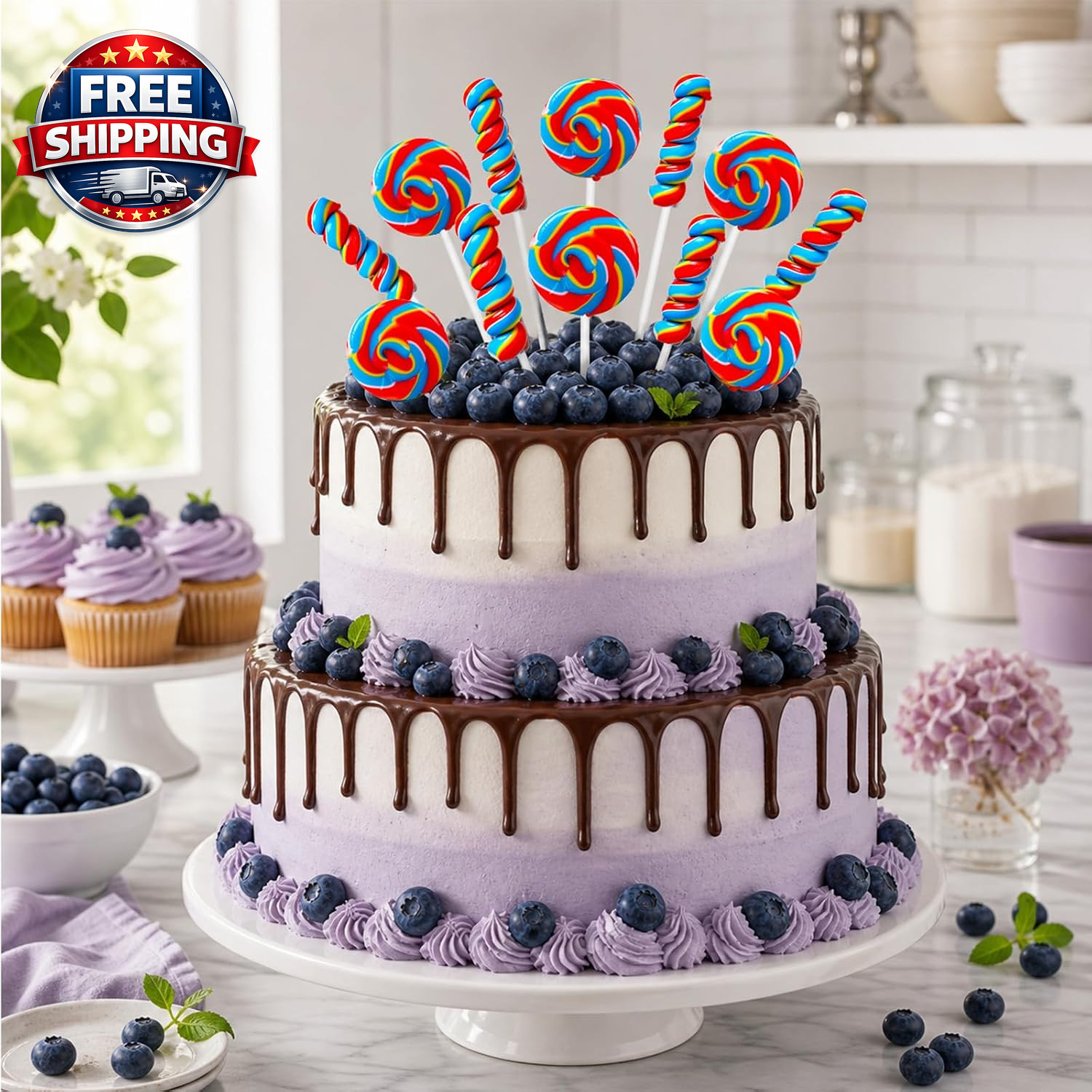 32 Pack Red White and Blue Swirl & Twisty Lollipops Suckers Bulk (16 Swirls + 16