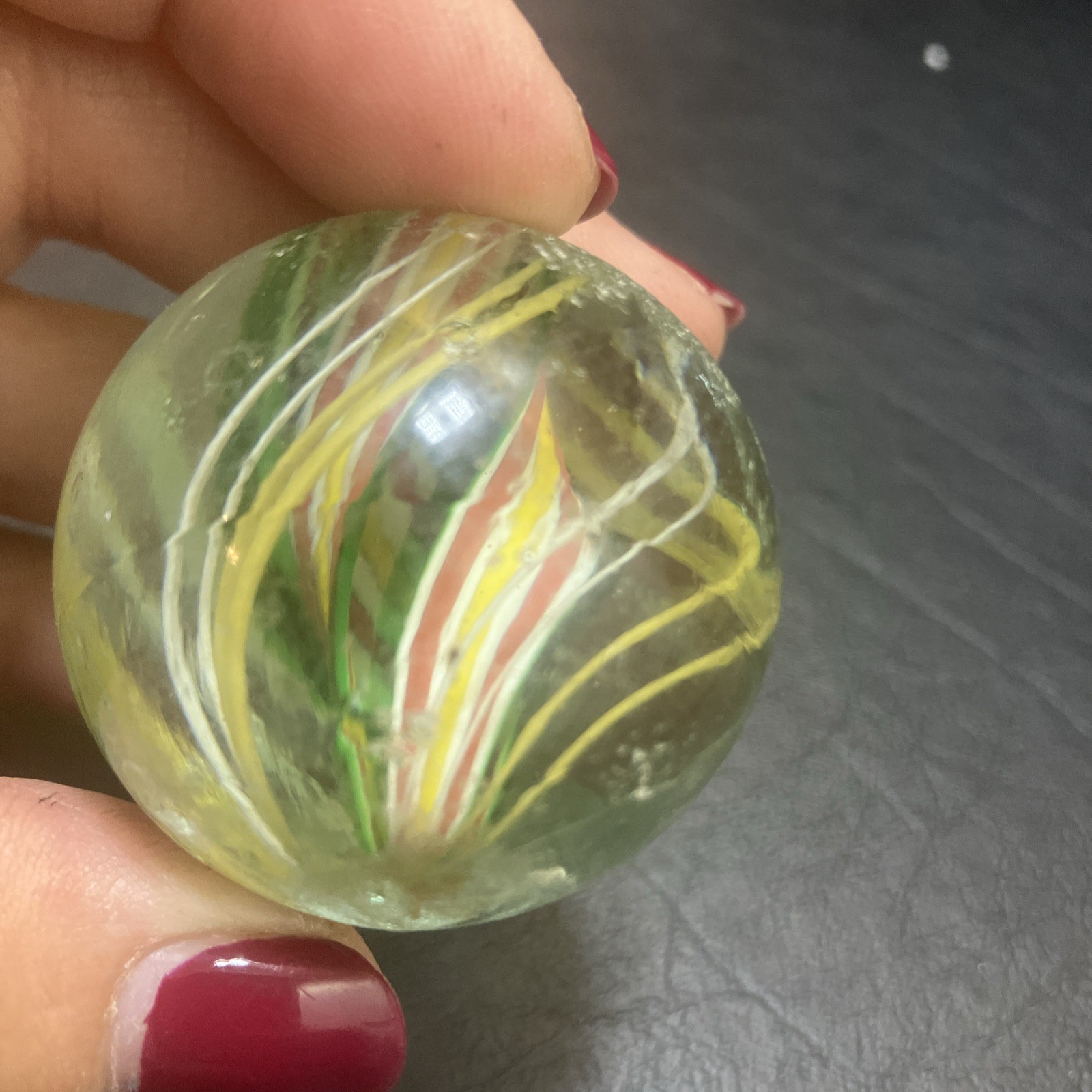 German Handmade Ribbon-Core Swirl Marble ~23mm Multicolor w/ White Cage (1As)