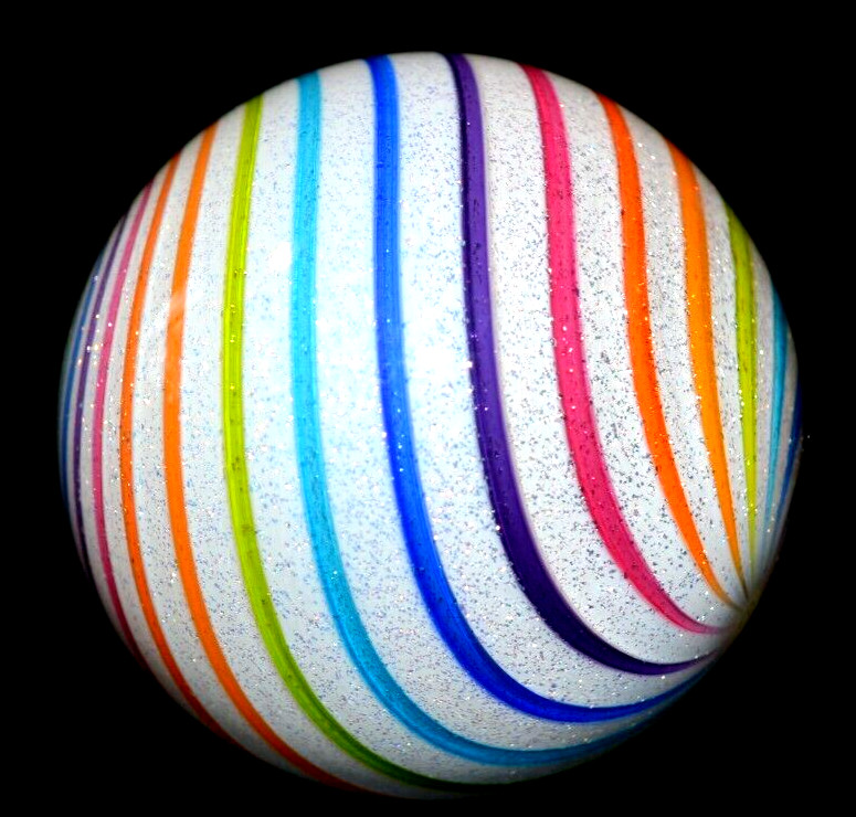 HOT HOUSE GLASS MARBLE/1.710″-WHITE SNOW DICHROIC W/RAINBOW-MINT,TURQ,ROYAL,ORG+