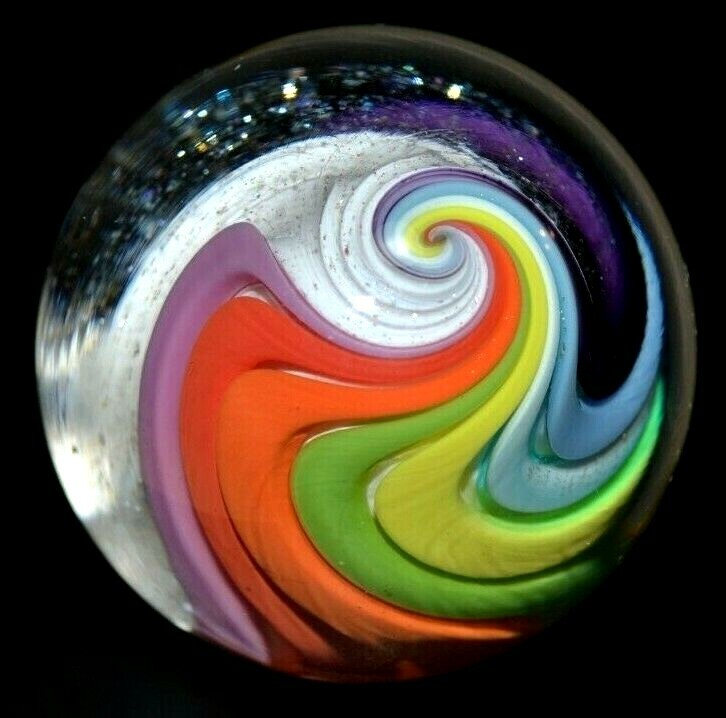 EDDIE SEESE GLASS MARBLE/1.767″-MULTI-COLORED WHITE LOBED DICHROIC DT-WAVY WHITE