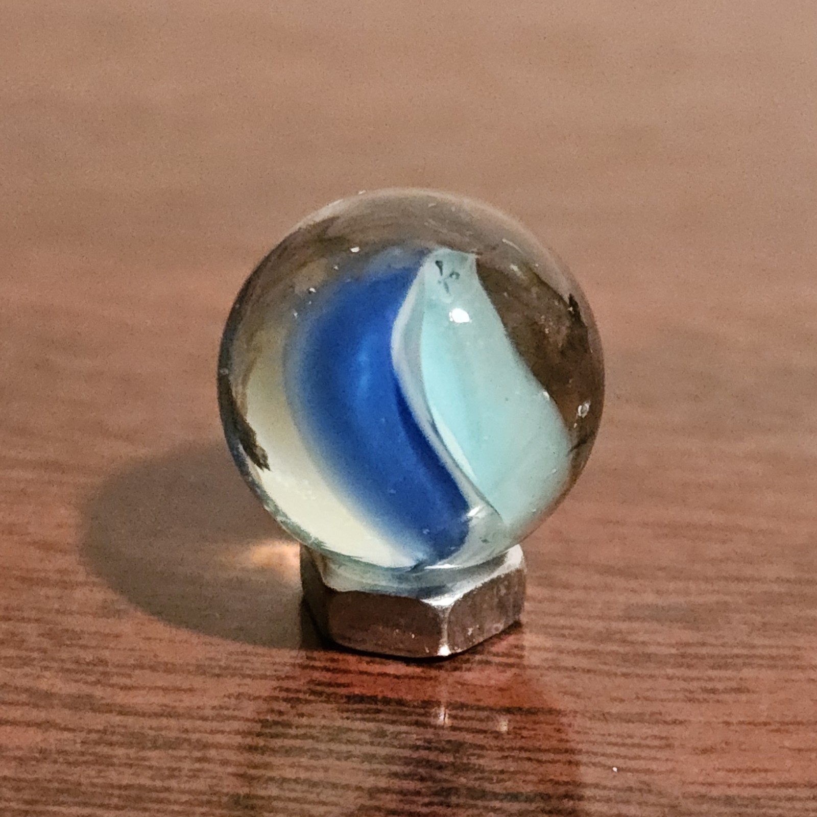 Vintage Dark Blue Light Blue Thru-White 6-Vein Cats Eye .592″ Glass Marble